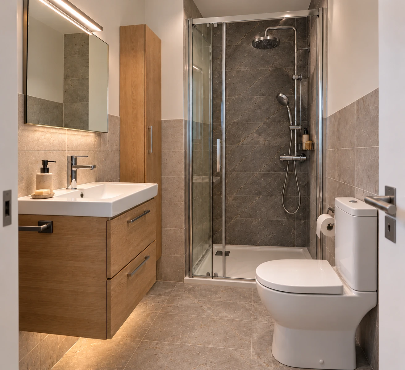 Prijedlog kupaonice do 2,5 m² s drvenim ormarićem, tuš-kabinom i WC školjkom